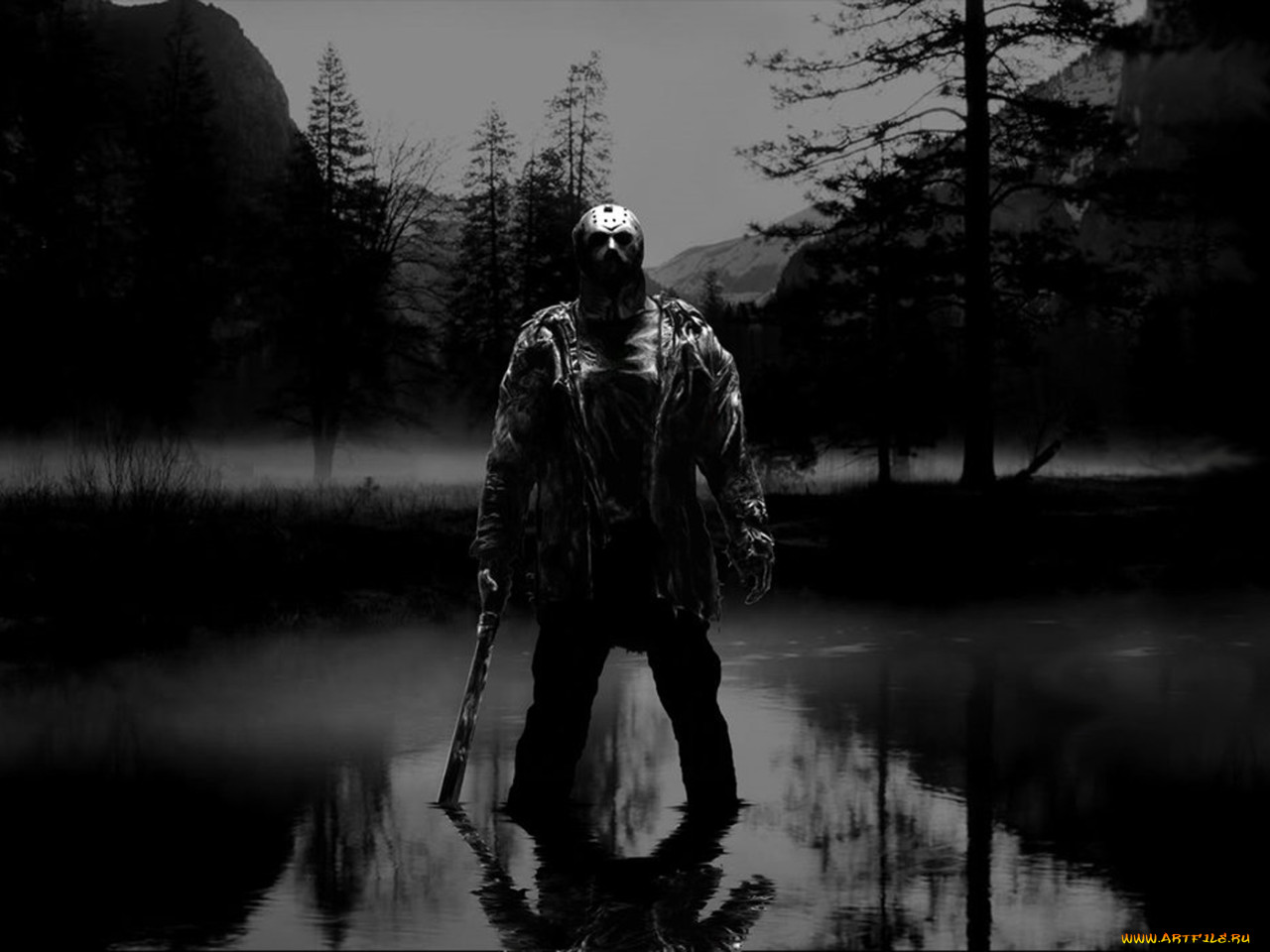 Обои Пятница 13-е Кино Фильмы Friday the 13th, обои для рабочего стола,  фотографии пятница, 13, кино, фильмы, friday, the, 13th, джейсон, вурхиз, 13-е,  jason, voorhees, лес, воды, мачете Обои для рабочего стола,